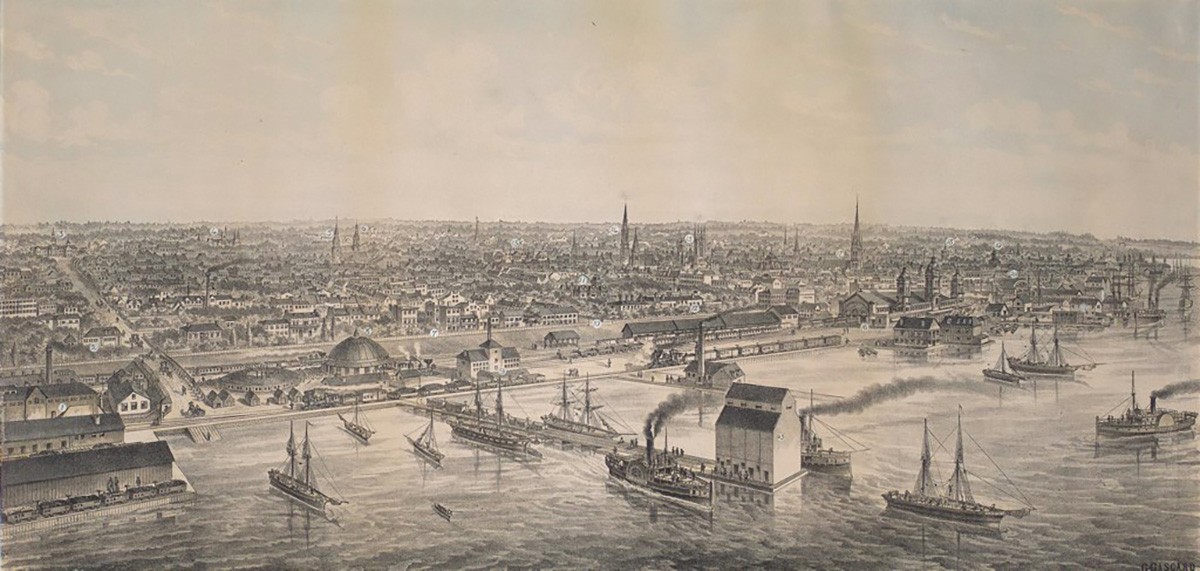 City of Toronto Bird's Eye View from the Northern Railway elevator, 1876. - Drawn by G. Gascard